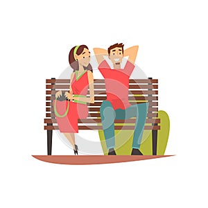 Smiling Young Man and Woman Sitting on Bench in Park, Romantic Couple on Date Vector Illustration