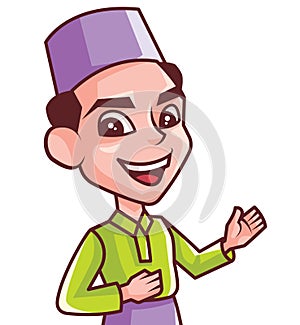 Smiling young muslim man with songkok Malay costume presenting and pointing something
