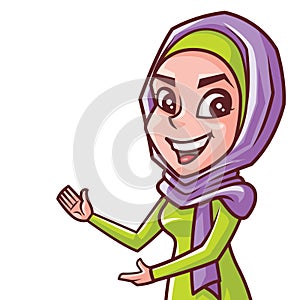 Smiling young muslim woman character in hijab presenting something on her empty palm and pointing