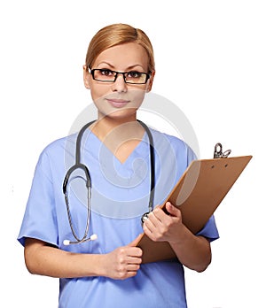 Smiling young nurse with stethoscope and clipboard isolated