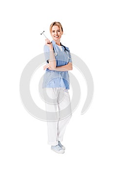 Smiling young nurse in uniform with reflex hammer