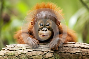Smiling Young Orangutan on Tree Branch in Forest - AI Generative