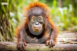 Smiling Young Orangutan on Tree Branch in Forest - AI Generative