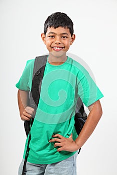 Smiling young school boy 10 with rucksack