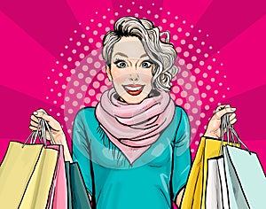 Smiling  young sexy woman with shopping  bags in comic style.  Pop Art  wow girl. Advertising poster of sale or discount