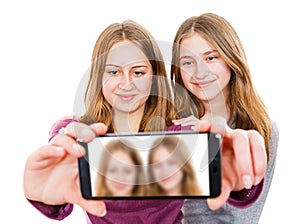 Smiling young sisters taking selfie