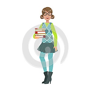 Smiling young student girl holding stack of books. Colorful cartoon illustration