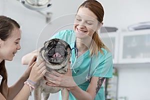 Smiling young veterinary doctor and girl stroking pug at hospital