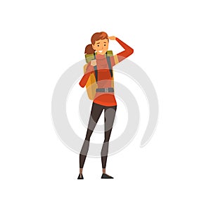 Smiling young woman with backpack, outdoor adventures, travel, camping, backpacking trip or expedition vector