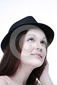 Smiling young woman in black hat.isolated on a white