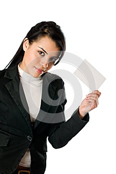 Smiling young woman with blank card