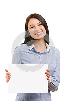 Smiling young woman with blank signboard