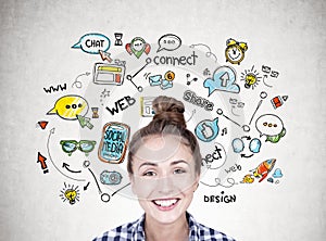 Smiling young woman with a bun, social media