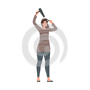 Smiling young woman drying wet hairstyle use electric hair dryer and brush vector flat illustration