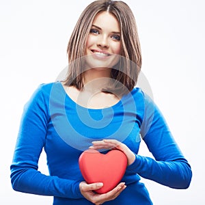 Smiling young woman hold red heart, Valentine day
