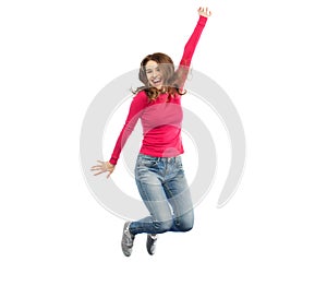 Smiling young woman jumping in air