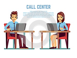 Smiling young woman and man operator with headset talking with customer. Cartoon characters for call center concept