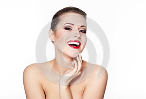 Smiling young woman model with glamour red lips