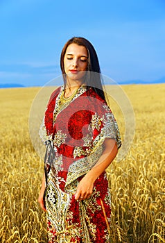 Smiling Young woman with ornamental dress standing on a wheat field with sunset. Natural background..