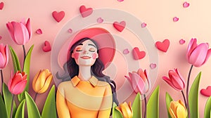 Smiling young woman in pink tulips and hearts. 3d illustration. Horizontal layout. For Canadian Tulip Festival or Netherlands