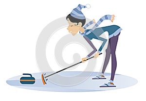 Smiling young woman plays curling illustration
