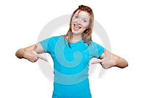 Smiling young woman pointing at herself. T-shirt design