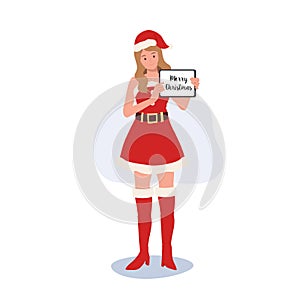 Smiling Young Woman in Santa Claus Costume. Beautiful Girl in Santa Claus Outfit.  Festive Holiday Illustration