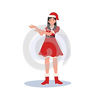 Smiling Young Woman in Santa Claus Costume. Beautiful Girl in Santa Claus Outfit.  Festive Holiday Illustration