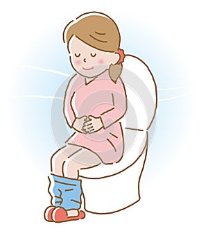 Smiling young woman sitting on toilet seat.  Health care concept