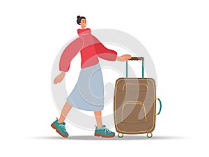 Smiling young woman with suitcase. Woman Traveling with Luggage. Tourist Female Character with casual clothes. Colored