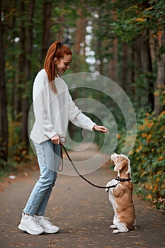 Smiling young woman teaching her dog to jump, hop