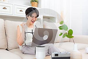 Smiling young woman using laptop, sitting on couch at home, beautiful girl shopping or chatting online in social network or