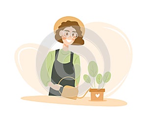 Smiling young woman is watering house plant. Cute vector character in flat cartoon style