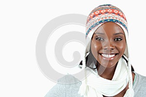 Smiling young woman with winter clothes on