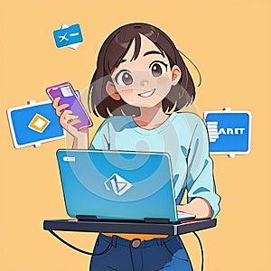 Smiling young woman working on computer laptop notebook, cute simple anime style illustration