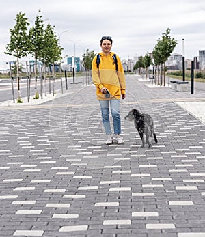 Smiling young woman in yellow hoodie walking with gray shaggy dog on leash along the alley