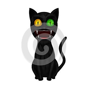 Smilling sitting cartoon black cat illustration isolated on white background.