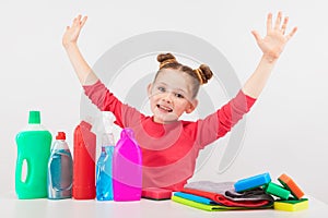 Smilng girl with multicolored cleaners on the white background