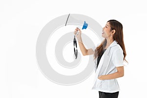 A smily woman doctor wearing a red headphones with a sthethoscope on her neck photo