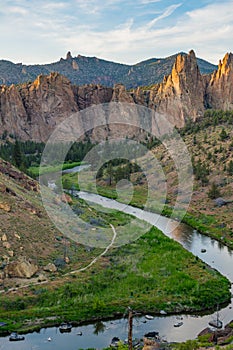 Smith rocks State Park and the crooked River in Oregon at sunrise