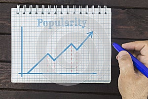 SMM concept. Diagram showing popularity of social media account, web site and blog, Male`s hand drawing a growing graph on notepad