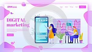SMM landing page header concept. Digital marketing vector illustration in flat style. Web page banner template.
