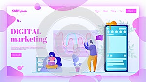 SMM landing page header concept. Social media marketing vector illustration in flat style. Web page banner.