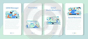SMM manager mobile application banner set. Social media marketing