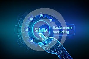 SMM. Social media marketing. Likes, comments, followers and message icons on virtual screen. Robotic hand touching digital