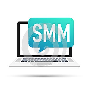 SMM, Social Media Marketing vector icon with laptop. Vector illustration.