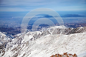 Smog and black smoke over Almaty, Kazahstan. View from mountains