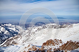 Smog and black smoke over Almaty, Kazahstan. View from mountains