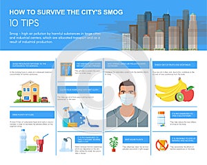 Smog infographic vector illustration. How to survive in polluted city. Design elements, icons flat style. Pollutions and