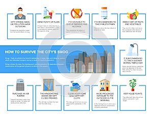 Smog infographic vector illustration. How to survive in polluted city. Design elements, icons flat style. Pollutions and